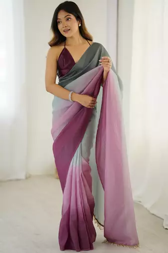 Designer grey-wine color candy crush silk fabric stylish pre stitched saree