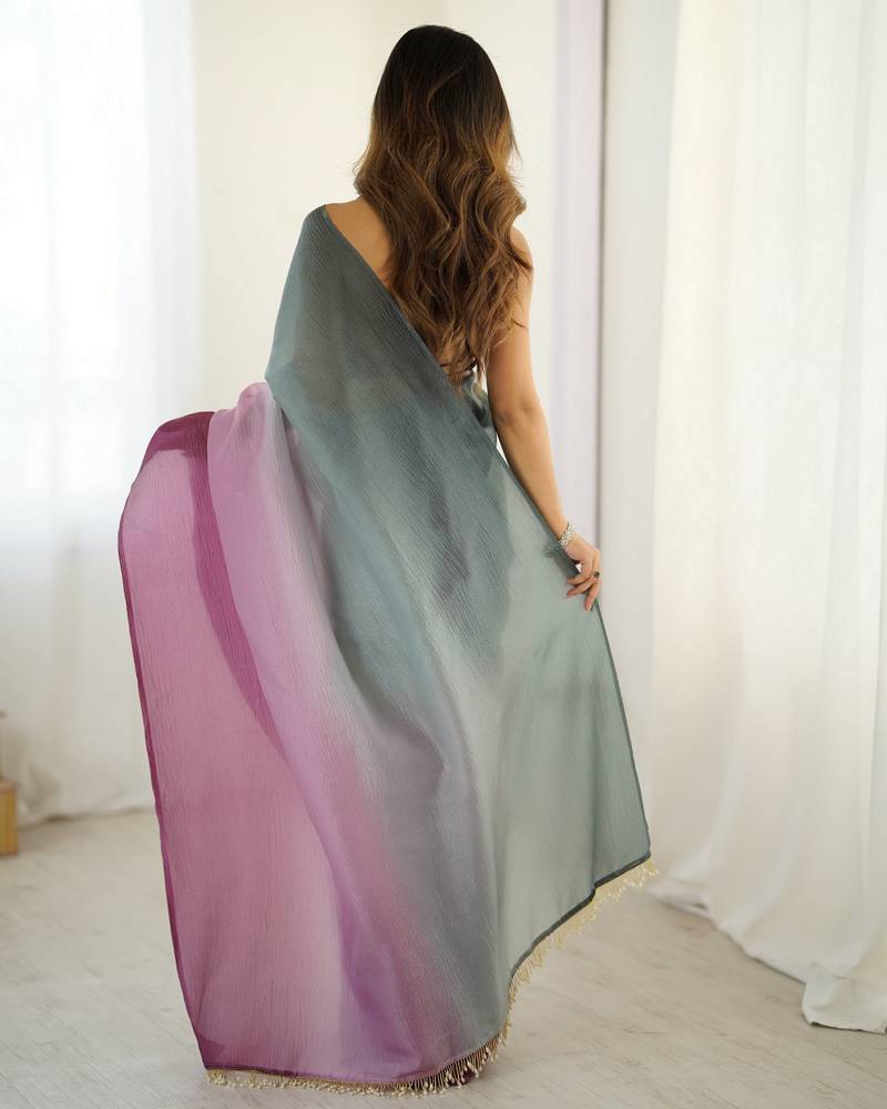 Designer grey-wine color candy crush silk fabric stylish pre stitched saree