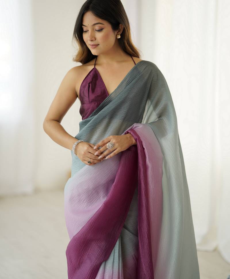 Designer grey-wine color candy crush silk fabric stylish pre stitched saree