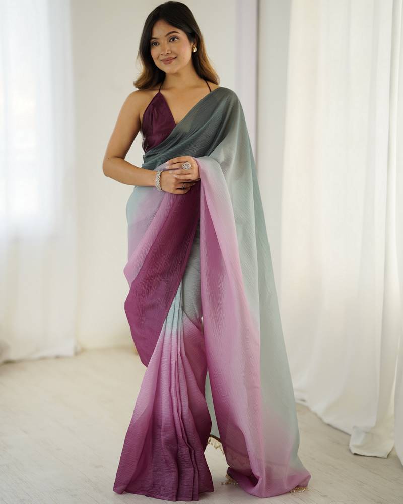 Designer grey-wine color candy crush silk fabric stylish pre stitched saree