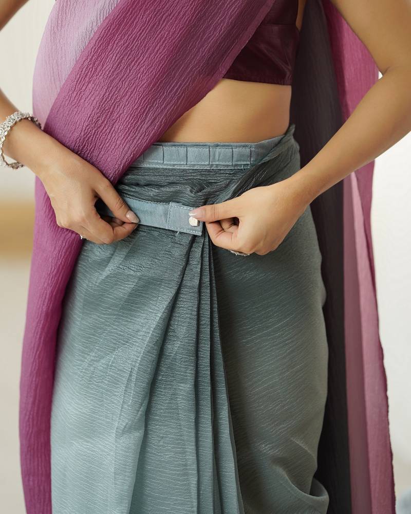 Designer grey-wine color candy crush silk fabric stylish pre stitched saree