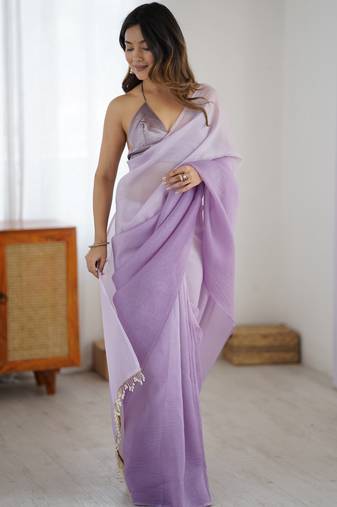 Designer lavender color candy crush silk fabric stylish pre stitched saree