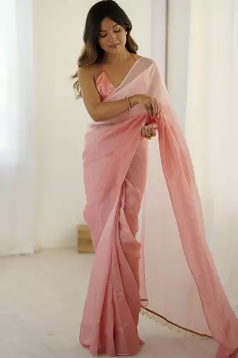 Designer peach color candy crush silk fabric stylish pre stitched saree