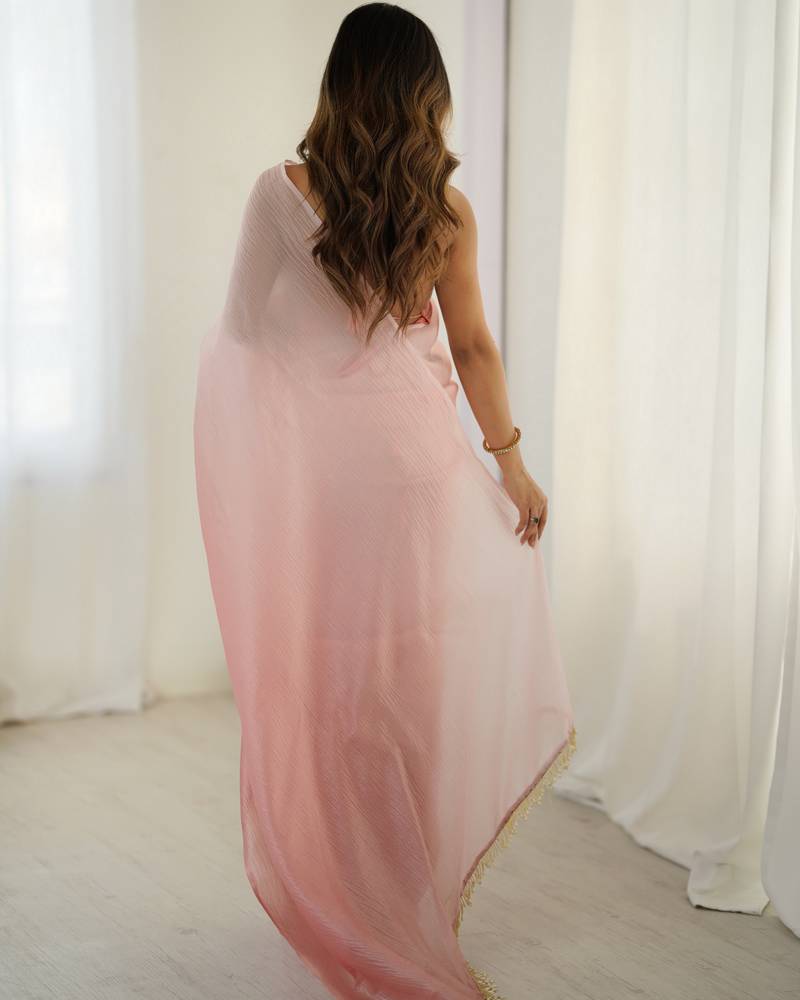 Designer peach color candy crush silk fabric stylish pre stitched saree