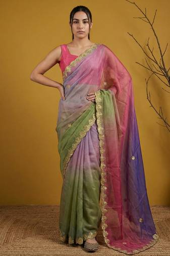  fendy satin designer saree with gotapatti work and cutwork piping border