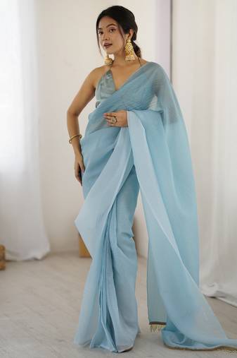 Designer sky blue color candy crush silk fabric stylish pre stitched saree