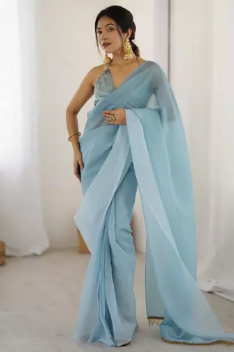 Designer sky blue color candy crush silk fabric stylish pre stitched saree