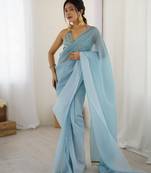 Designer sky blue color candy crush silk fabric stylish pre stitched saree