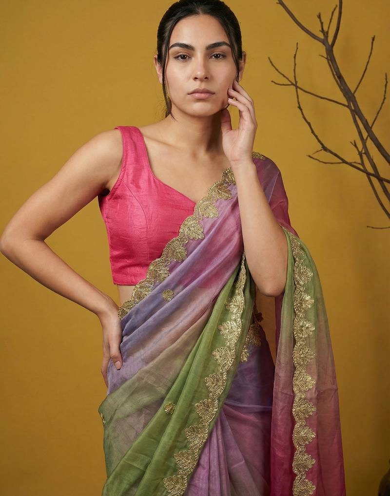  fendy satin designer saree with gotapatti work and cutwork piping border