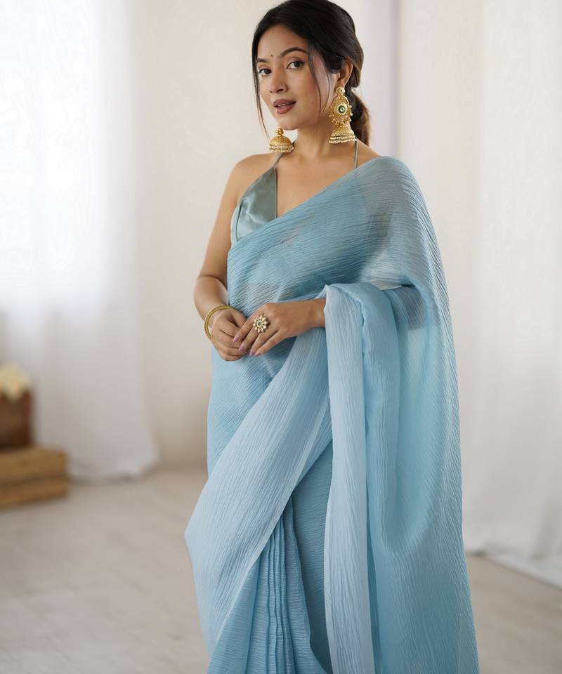 Designer sky blue color candy crush silk fabric stylish pre stitched saree