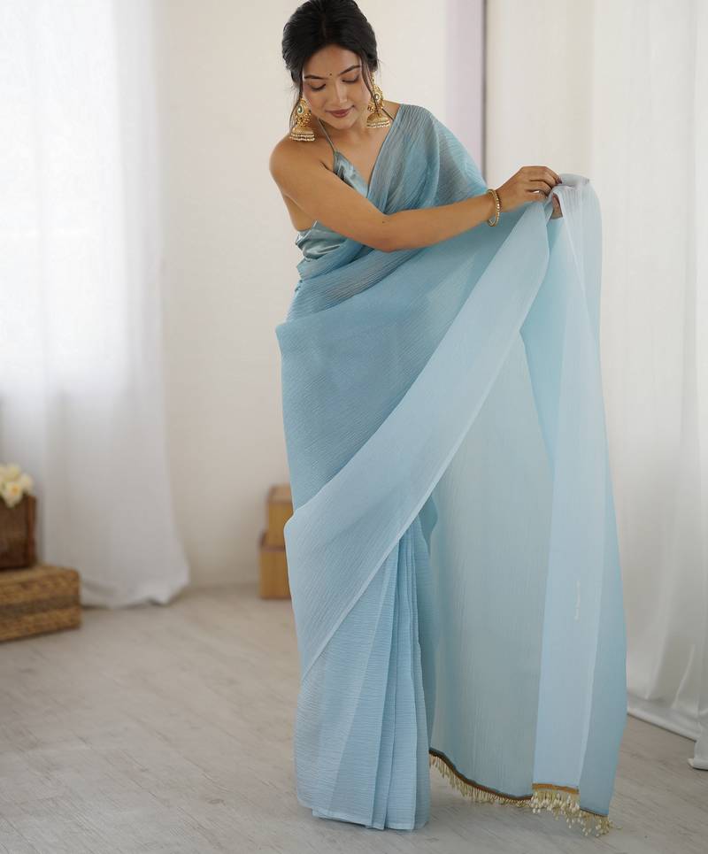 Designer sky blue color candy crush silk fabric stylish pre stitched saree