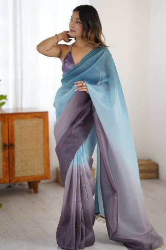 Designer sky blue-grey color candy crush silk fabric stylish pre stitched saree