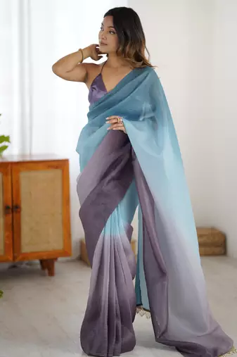 Designer sky blue-grey color candy crush silk fabric stylish pre stitched saree