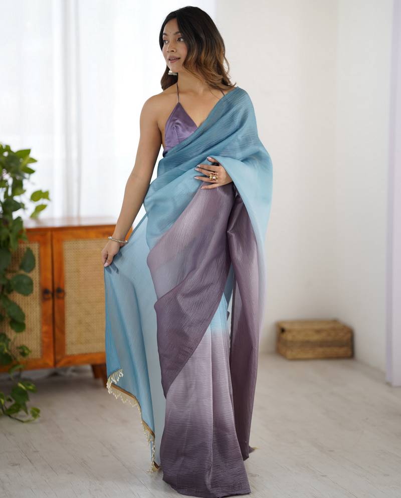 Designer sky blue-grey color candy crush silk fabric stylish pre stitched saree