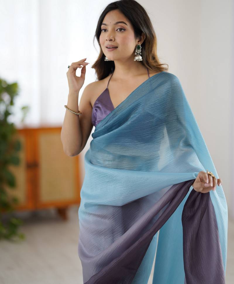 Designer sky blue-grey color candy crush silk fabric stylish pre stitched saree