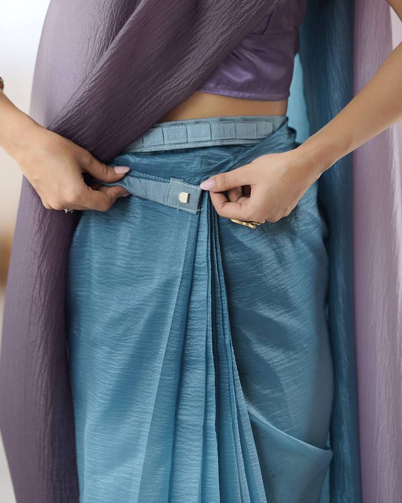 Designer sky blue-grey color candy crush silk fabric stylish pre stitched saree