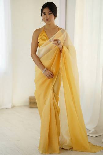 Designer yellow color candy crush silk fabric stylish pre stitched saree