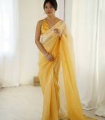 Designer yellow color candy crush silk fabric stylish pre stitched saree