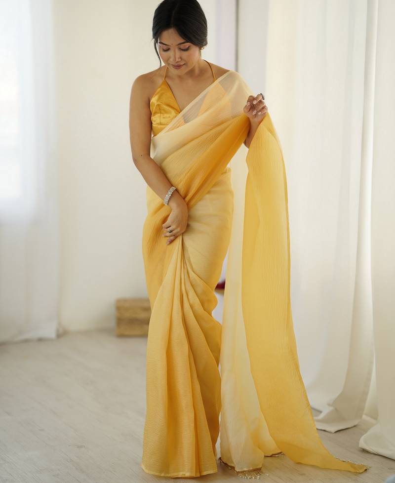 Designer yellow color candy crush silk fabric stylish pre stitched saree