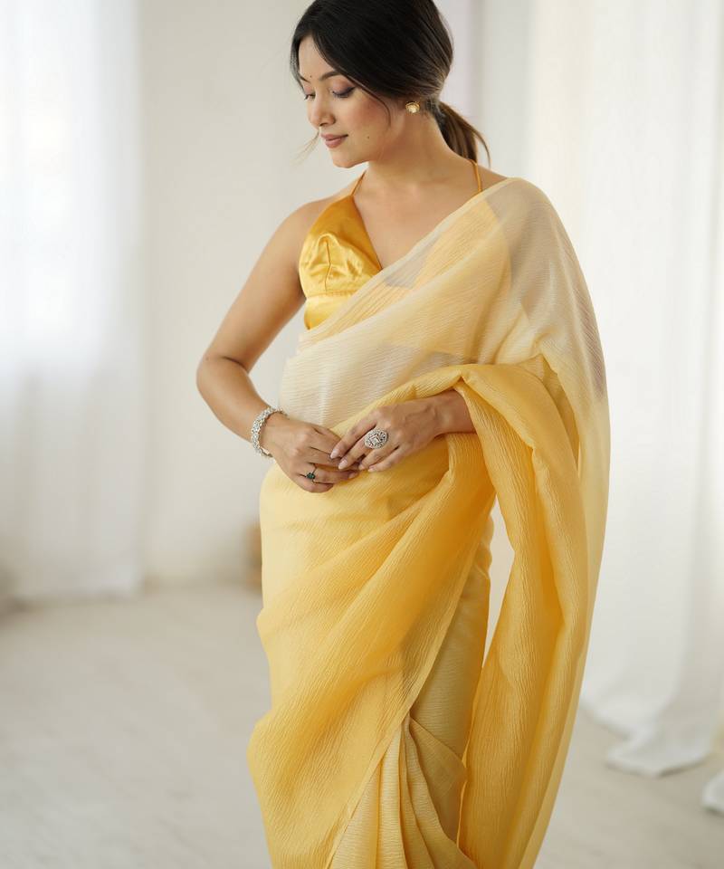 Designer yellow color candy crush silk fabric stylish pre stitched saree