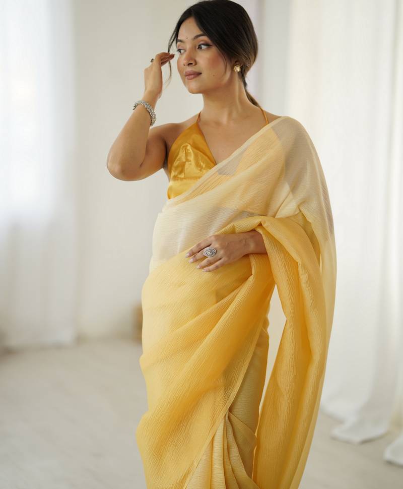 Designer yellow color candy crush silk fabric stylish pre stitched saree