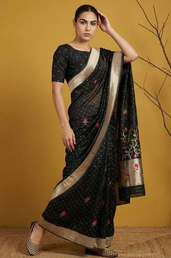 soft organza meenakari woven saree with jamdani zari pallu and brocade blouse