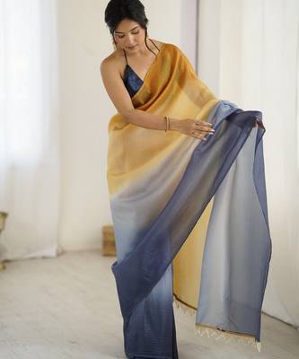  yellow-grey candy crush silk blend stylish pre stitched saree 1