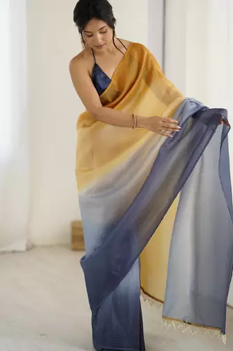 Designer yellow-grey color candy crush silk fabric stylish pre stitched saree
