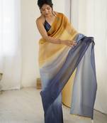 Designer yellow-grey color candy crush silk fabric stylish pre stitched saree
