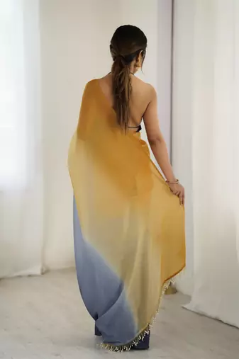 yellow-grey candy crush silk blend stylish pre stitched saree