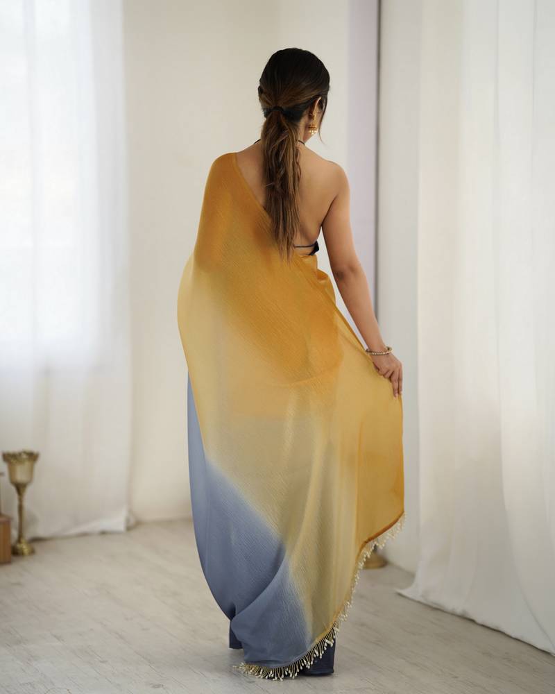 Designer yellow-grey color candy crush silk fabric stylish pre stitched saree