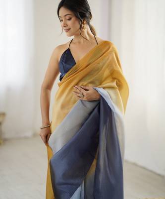  yellow-grey candy crush silk blend stylish pre stitched saree 3