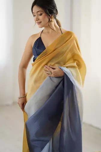  yellow-grey candy crush silk blend stylish pre stitched saree