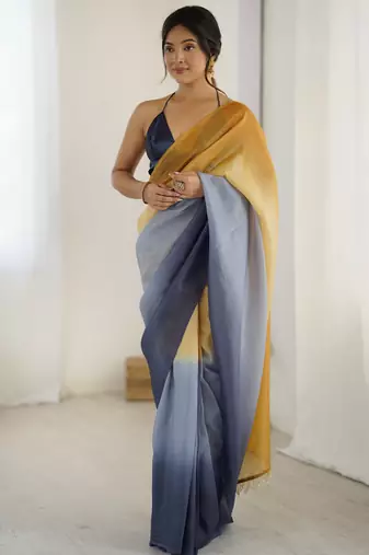  yellow-grey candy crush silk blend stylish pre stitched saree