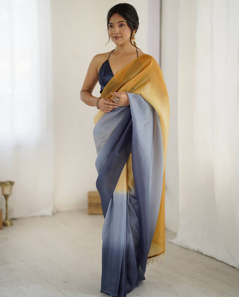 Designer yellow-grey color candy crush silk fabric stylish pre stitched saree