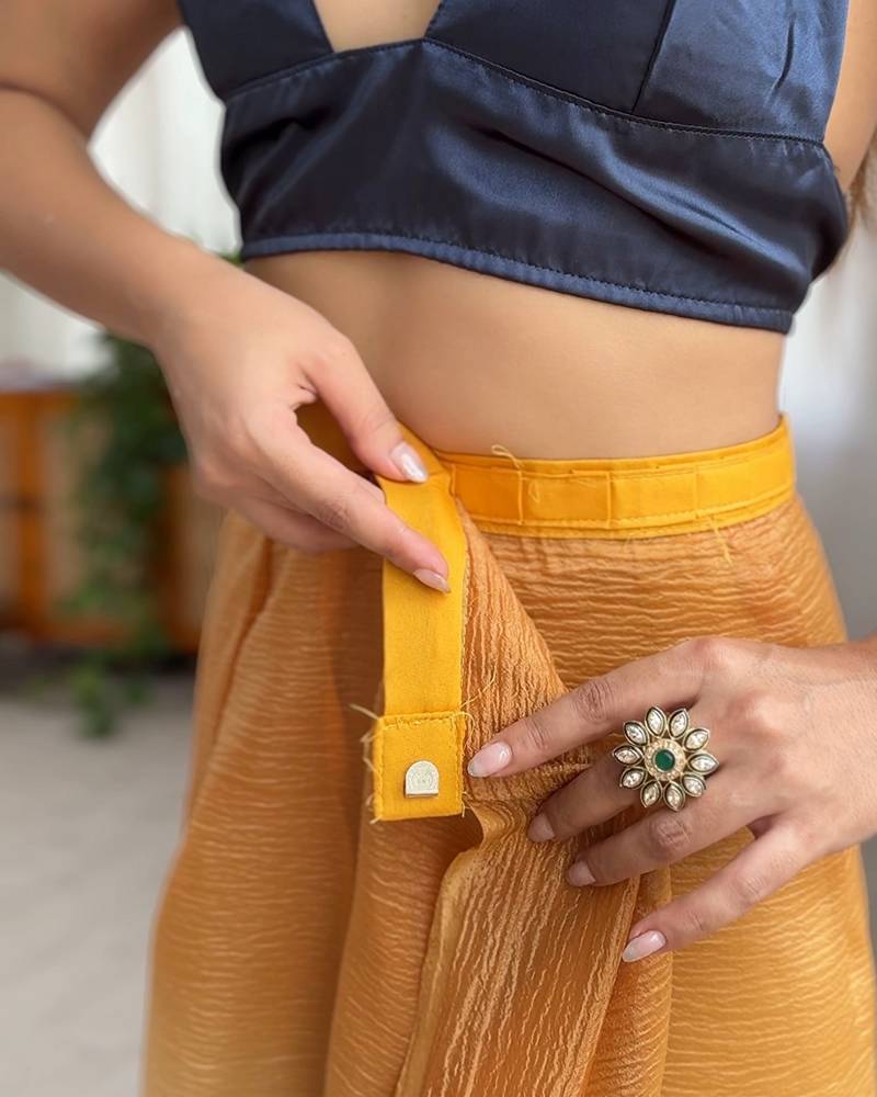 Designer yellow-grey color candy crush silk fabric stylish pre stitched saree