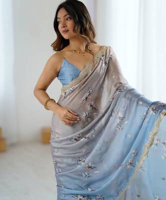 Chiku-grey color beautiful satin chiffon fabric beautiful stylish saree 3