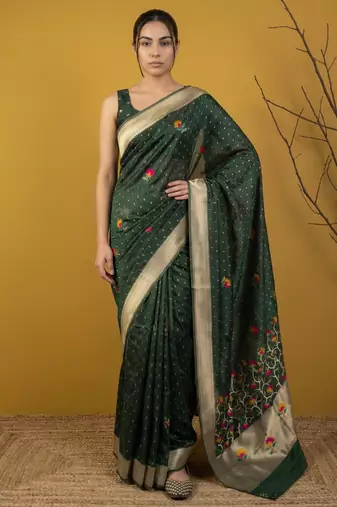 soft organza meenakari woven saree with jamdani zari pallu and brocade blouse
