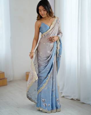 Chiku-grey color beautiful satin chiffon fabric beautiful stylish saree 5