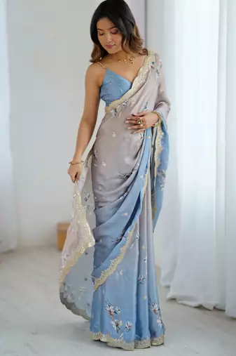 Chiku-grey satin chiffon stylish saree