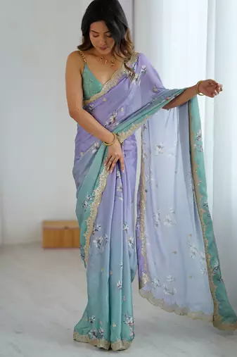 Lavender-pista color beautiful satin chiffon fabric beautiful stylish saree