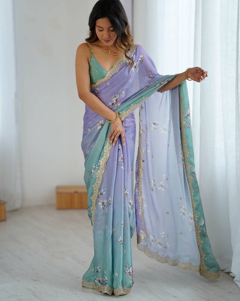 Lavender-pista color beautiful satin chiffon fabric beautiful stylish saree