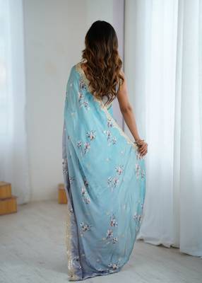 Sky-grey color beautiful satin chiffon fabric beautiful stylish saree 2