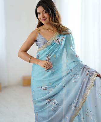 Sky-grey color beautiful satin chiffon fabric beautiful stylish saree 3