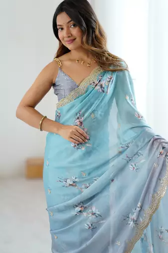 Sky-grey color beautiful satin chiffon fabric beautiful stylish saree