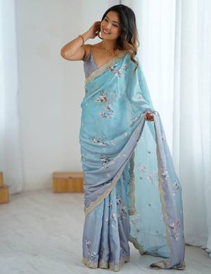 Sky-grey color beautiful satin chiffon fabric beautiful stylish saree 4