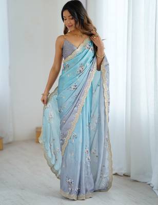 Sky-grey color beautiful satin chiffon fabric beautiful stylish saree 5