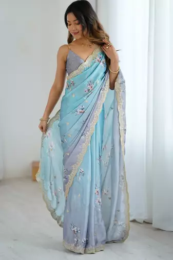 Sky-grey color beautiful satin chiffon fabric beautiful stylish saree