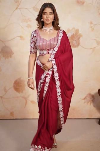 Rani Pink color Sequence Work With Work Border And aarco Silk Saree