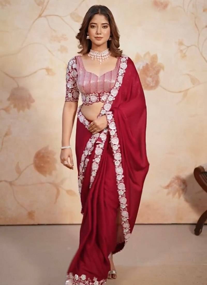 Rani Pink color Sequence Work With Work Border And aarco Silk Saree